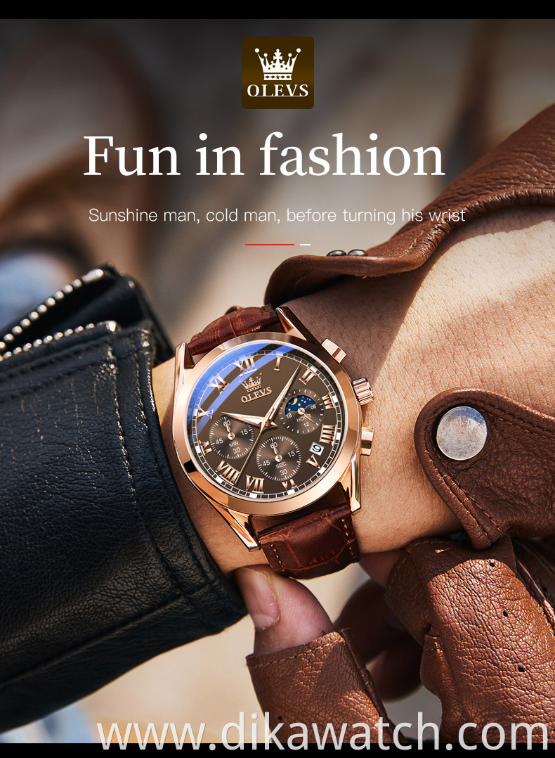 OLEVS 2871 Multifunctional Sports Watches Leather Luxury Fashion Genuine Leather Man Wristwatch Waterproof Luminous Men's Watch